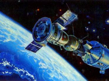 Arte mostrando as naves do projeto Apollo Soyuz